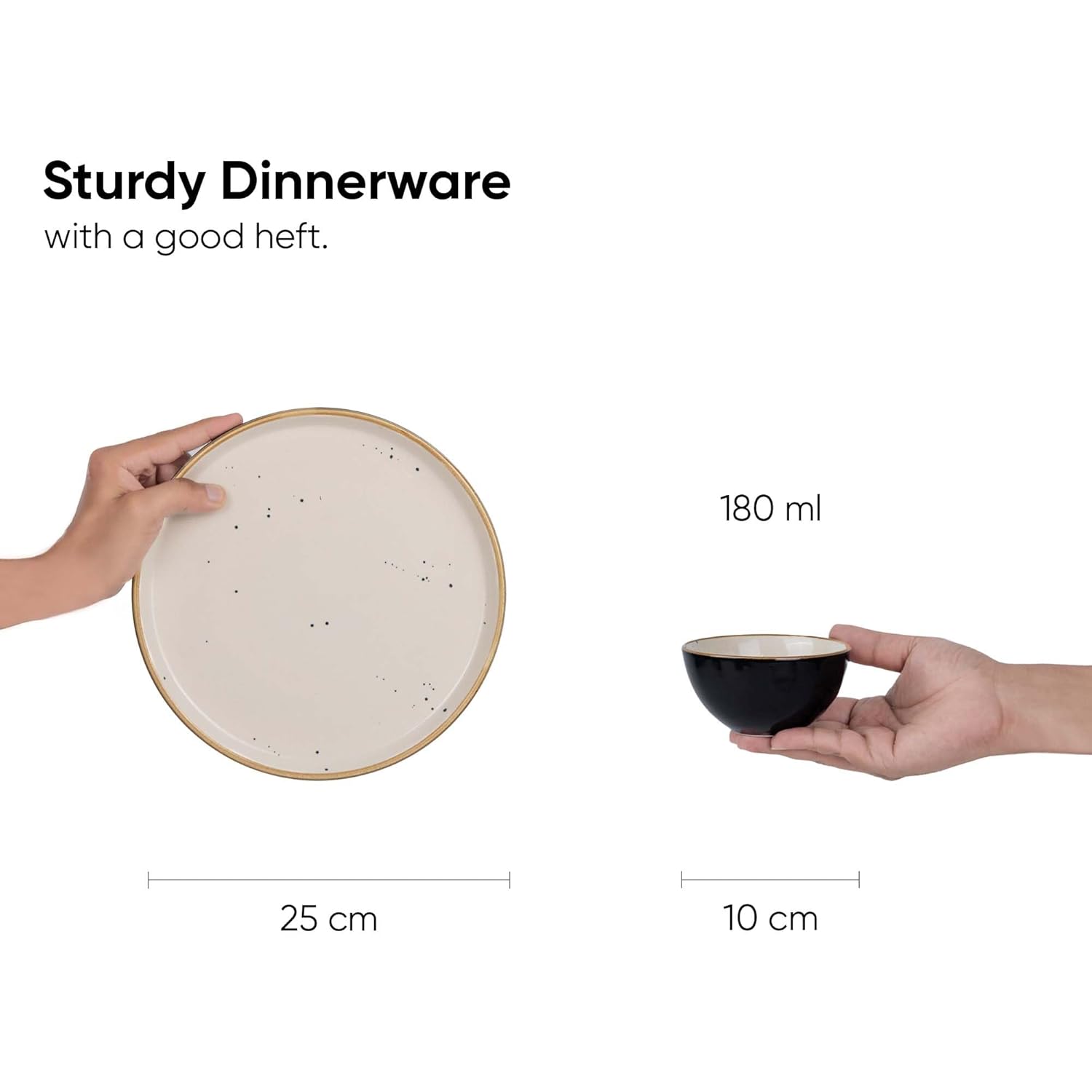 Ceramic Dinner Set Of 12 Pcs, Black Ivory | Crockery Set For Dining Table - Dining Sets Crockery Items | Glossy Finish Premium Stoneware | 6 Dinner Plates + 6 Veg Small Bowls, 180ml Each