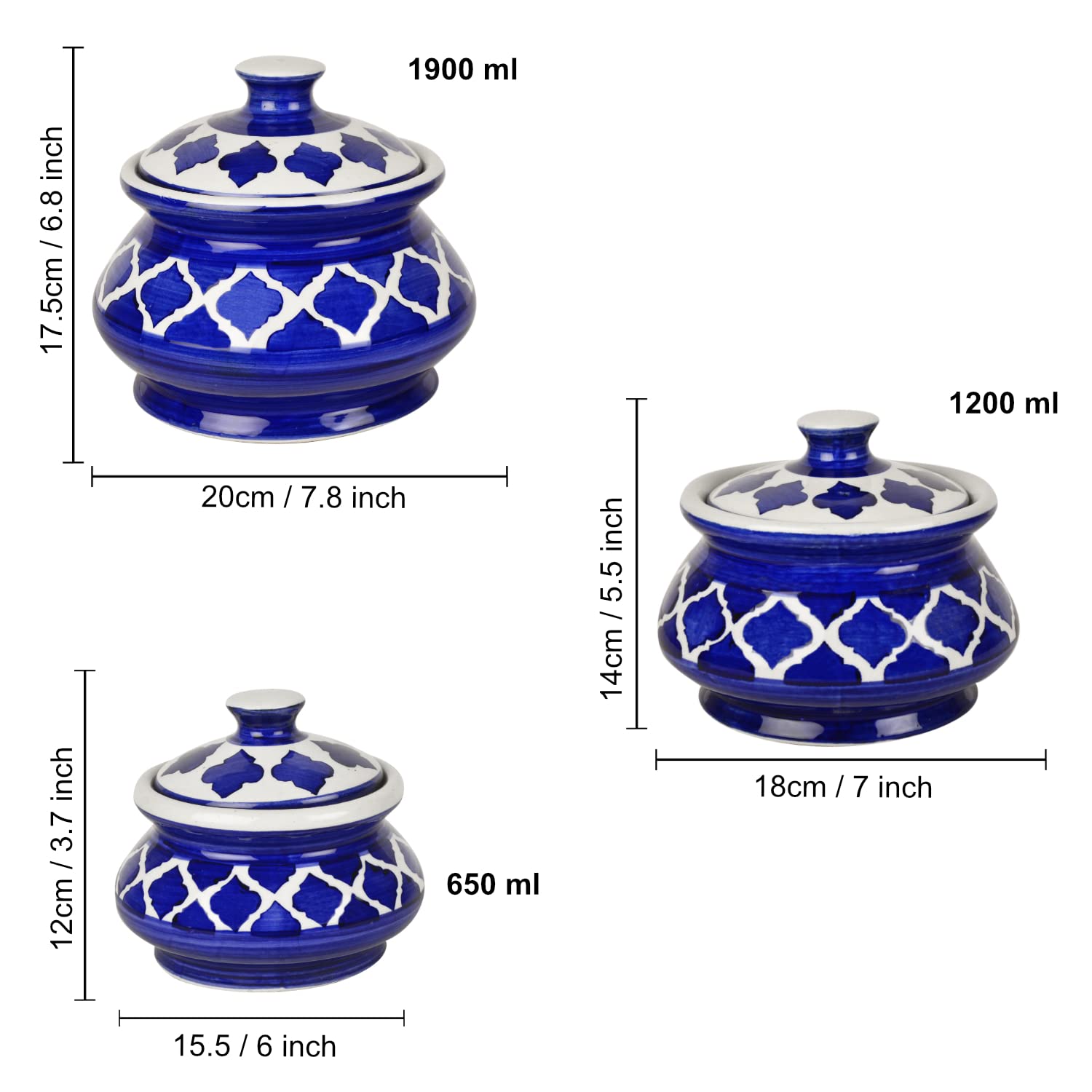 Hand Painted Ceramic Handi Set With Lid Set Of 3 - 1900ml, 1200ml & 650ml, Blue | Dinner Serving Bowls - Biryani Handis, Serving Pots