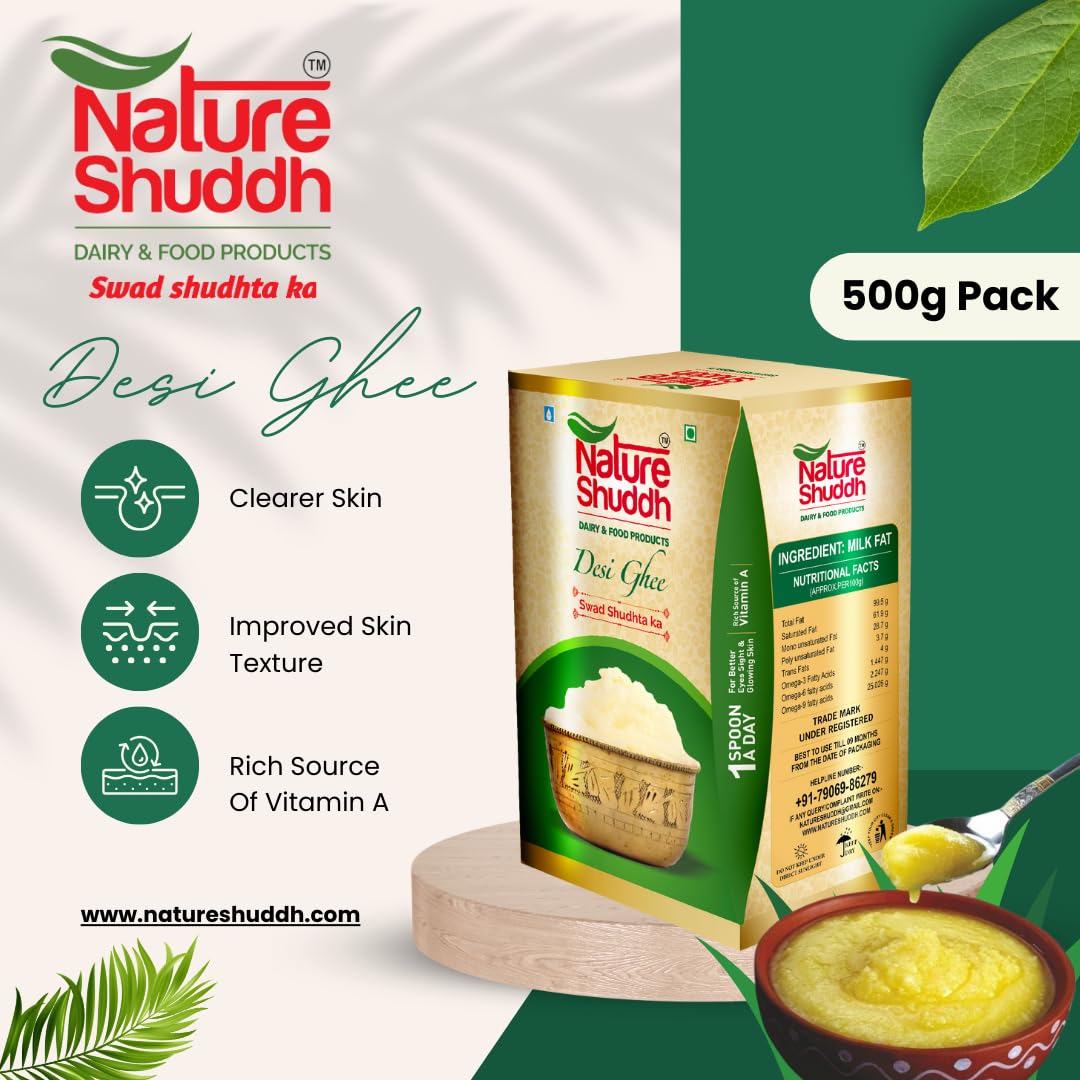 Natural Desi Ghee By Nature Shuddh | Rich In Vitamins A, D, E, & K Healthy Pure Desi Ghee For Garnish | (500ml) 16.9 Ounce | Box Pack
