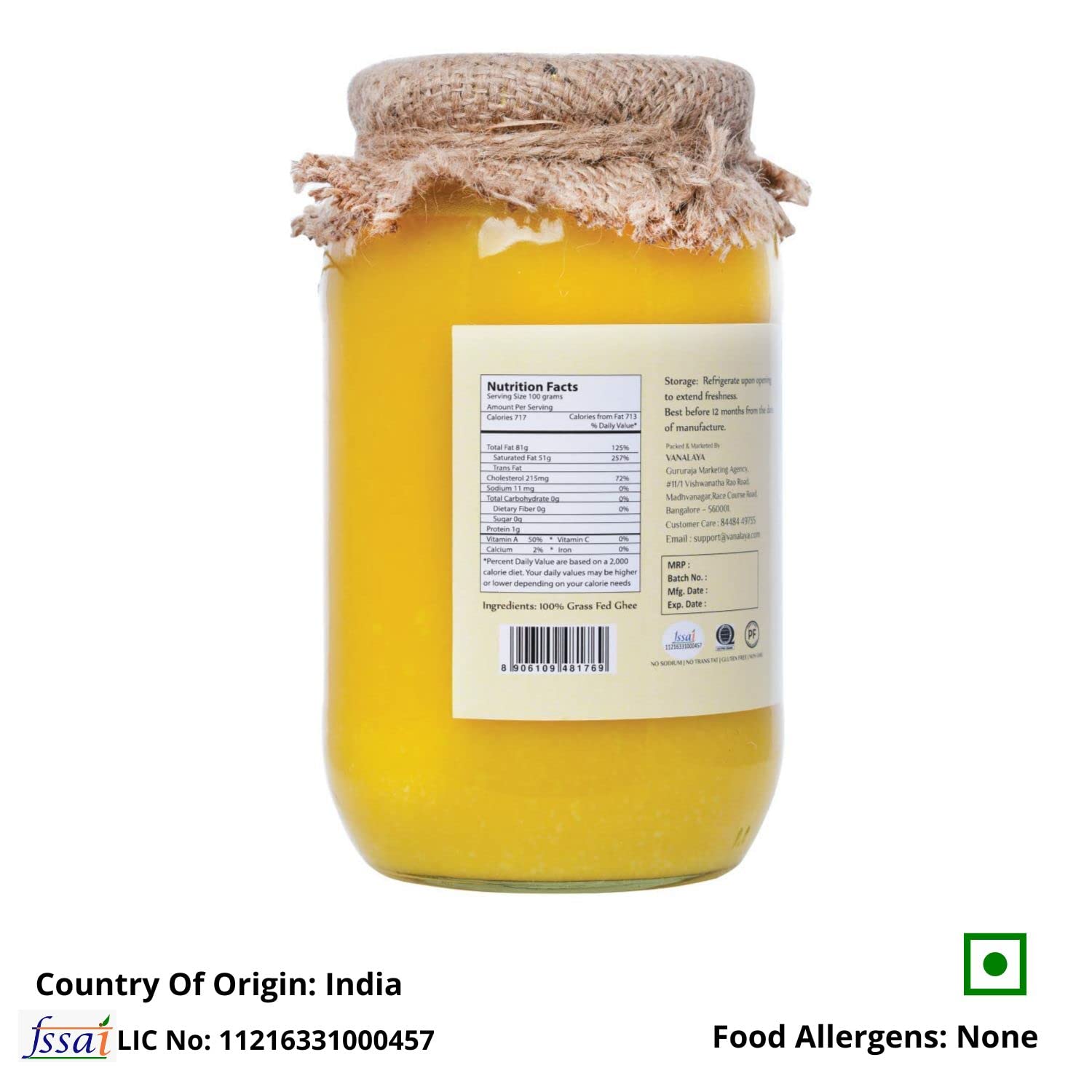 100% Pure Organic Desi Gir Cow Ghee By Vanalaya | Rich Source Of Vitamin A & Healthy Delicious Pure Desi Ghee | (1 Litr) 33.8 Ounce | Jar Pack