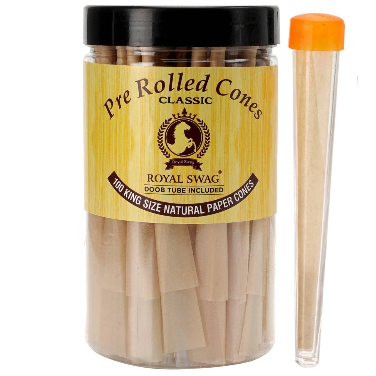 Royal Swag Pre-Rolled Cones Classic King Size Rolling Papers With Filter Tips - 110mm Long Cones Party Pack - 100 Count Ready To Use Cones - Includes Fiber Doob Tube Reusable