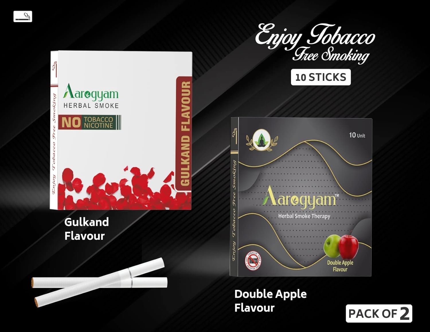Aarogyam Herbals Pack Of 2 Flavours 100% Tobacco & Nicotine Free Cigarette For Relieve Stress & Mood Enhance Product Double Apple, Gulkand - 10 Sticks X 2 Packets