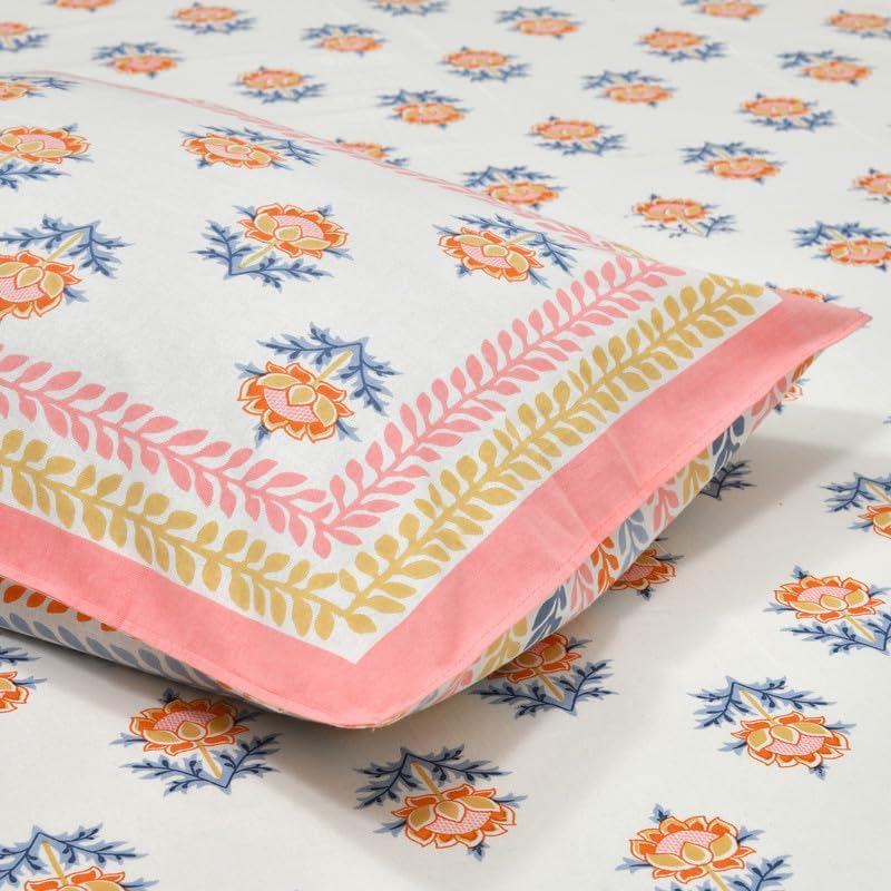 100% Cotton King Size Bedsheet With 2 Matching Pillow Covers - 90 X 108 Inches, Peach & White | Designer Printed Bedsheet Set - Naturally Soft, Breathable, & Skin-Friendly