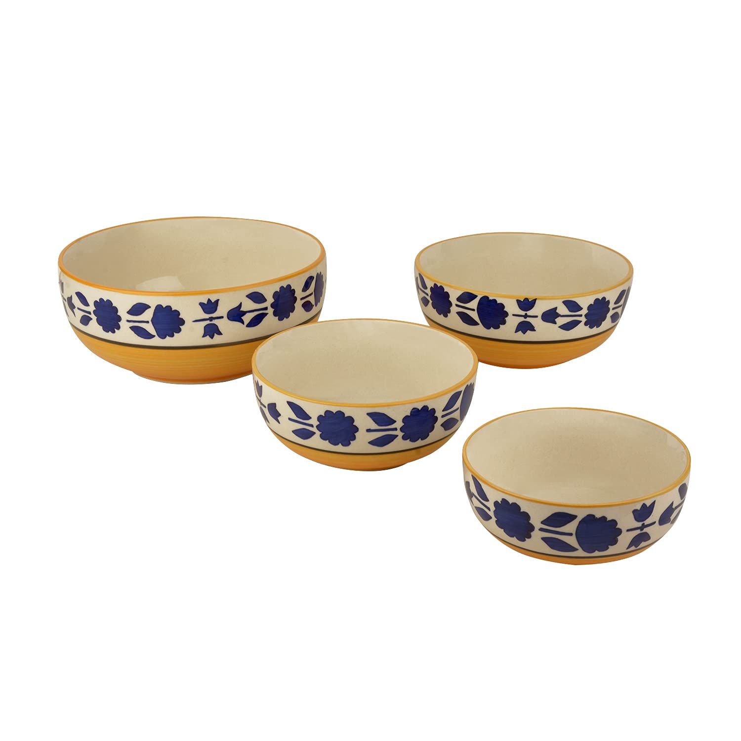 Studio Pottery Hand Painted Dinner Serving Bowl Set Of 4 - 1200ml+650ml+450ml+300ml, Yellow & Blue | Dinner Serving Donga Set - Stackable Kitchen Bowl Set