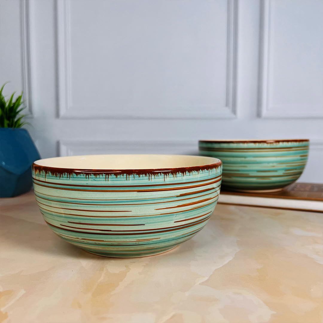 Iris Turquoise Handcrafted Ceramic Dinner Set - 10 Pieces | 4 Dinner Plates + 4 Katori Bowls, 180ml Each+ 2 Serving Bowls, 800ml Each Dinnerware Set | Serving For 4, Microwave Safe & Dishwasher Safe