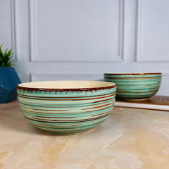 Iris Turquoise Handcrafted Ceramic Dinner Set - 10 Pieces | 4 Dinner Plates + 4 Katori Bowls, 180ml Each+ 2 Serving Bowls, 800ml Each Dinnerware Set | Serving For 4, Microwave Safe & Dishwasher Safe