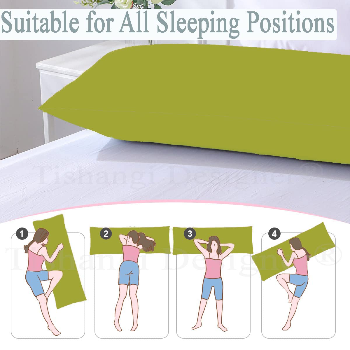 Full Body Pillow With Green Zip Cover, Long Pillow Side Sleeper, Mehndi Green | Ultra Soft Microfiber Pillow, For Cuddle, Back Side Support, Hugging, Sleeping, Washable - Pack Of 1