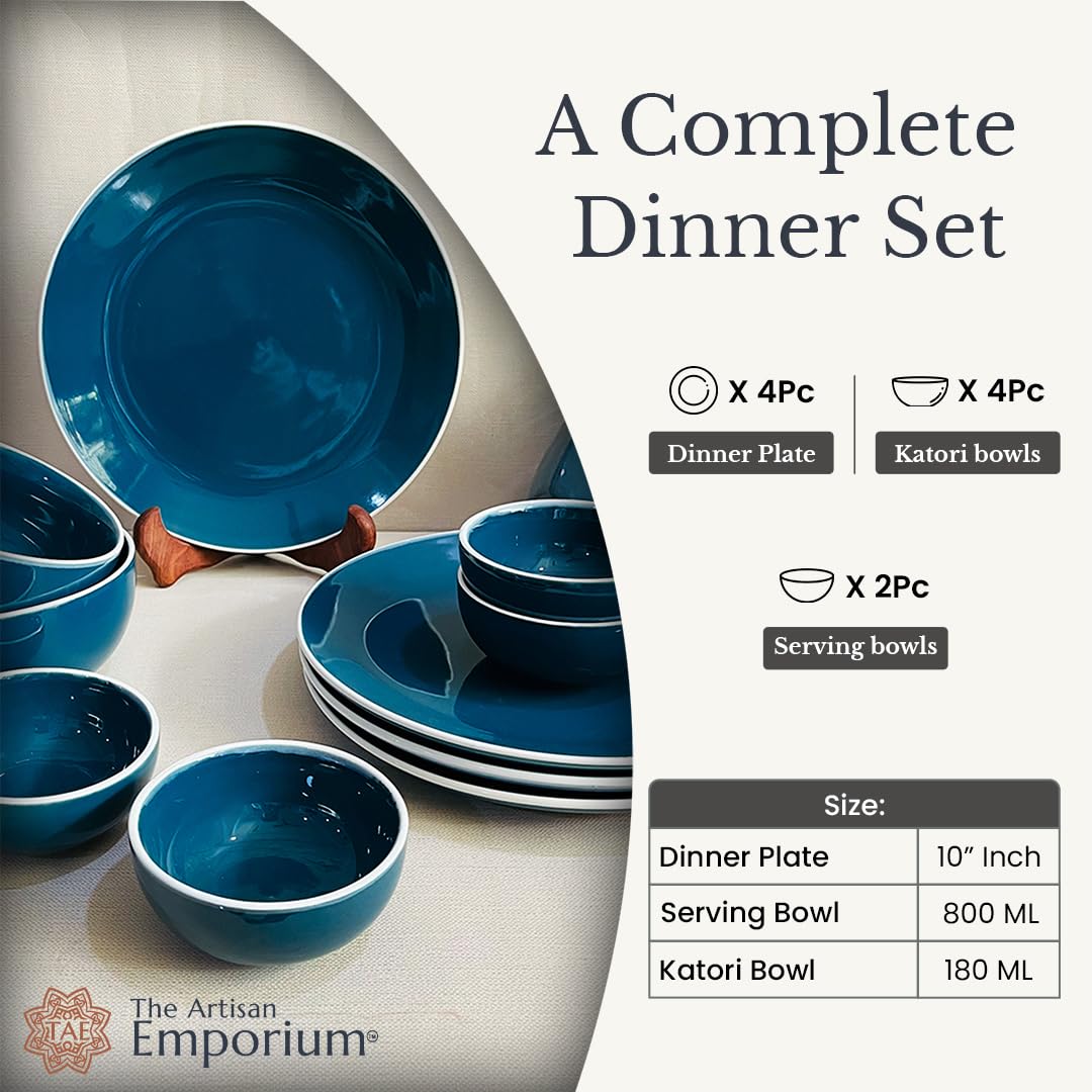 Retro Green Handcrafted Ceramic Dinner Set - 10 Pieces | 4 Dinner Plates + 4 Katori Bowls, 180ml Each+ 2 Serving Bowls, 800ml Each Dinnerware Set | Serving For 4, Microwave Safe
