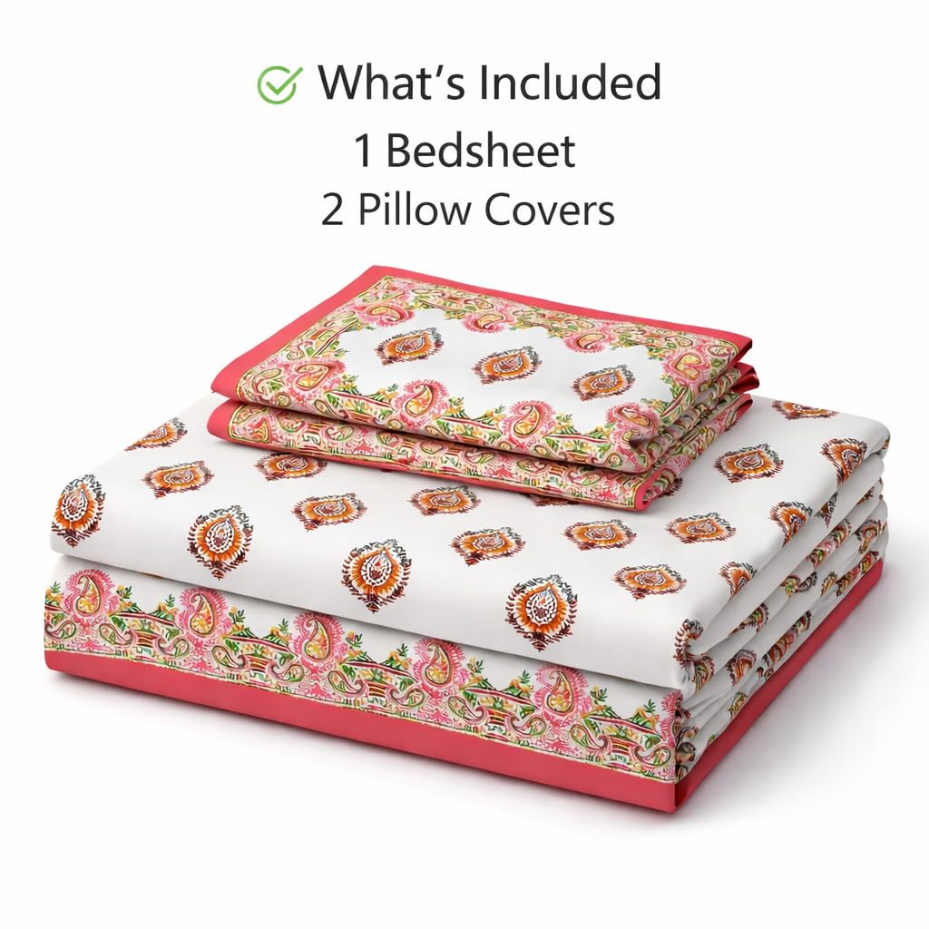 Hand Printed Cotton Bedsheet For King Size With 2 Pillow Covers | 93 X 108 Inches, Pink & Cream | Ultra-Soft & Skin-Safe | Breathable Summer Comfort