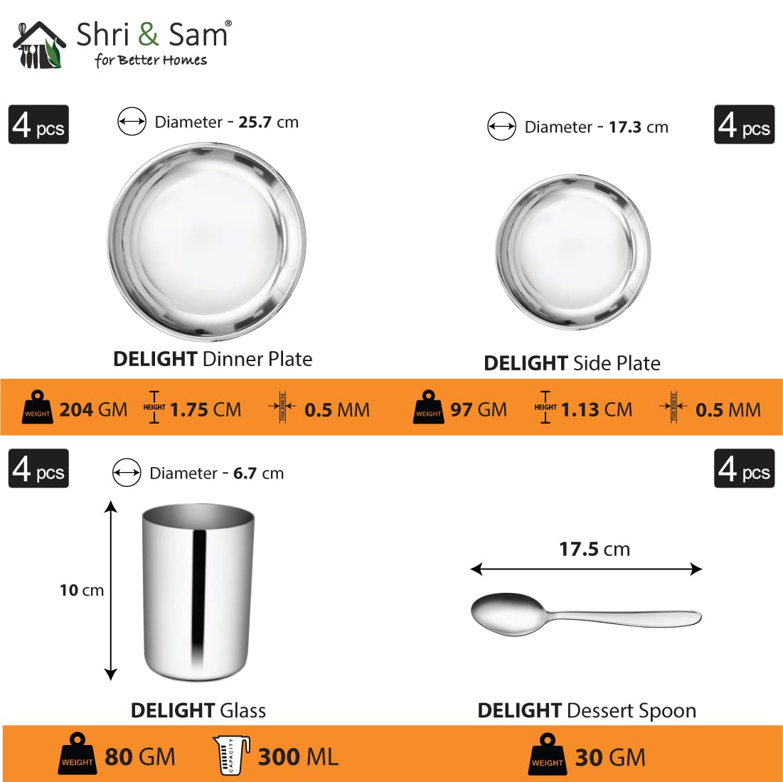 Stainless Steel Delight Solid Dinner Set Of 24 Pieces, Silver | 4 Dinner Plates+ 4 Side Plates+ 4 Glasses+ 4 Bowls+ 4 Pudding Bowls+ 4 Dessert Spoon