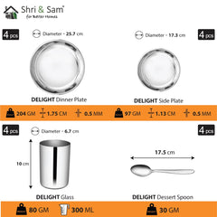 Stainless Steel Delight Solid Dinner Set Of 24 Pieces, Silver | 4 Dinner Plates+ 4 Side Plates+ 4 Glasses+ 4 Bowls+ 4 Pudding Bowls+ 4 Dessert Spoon