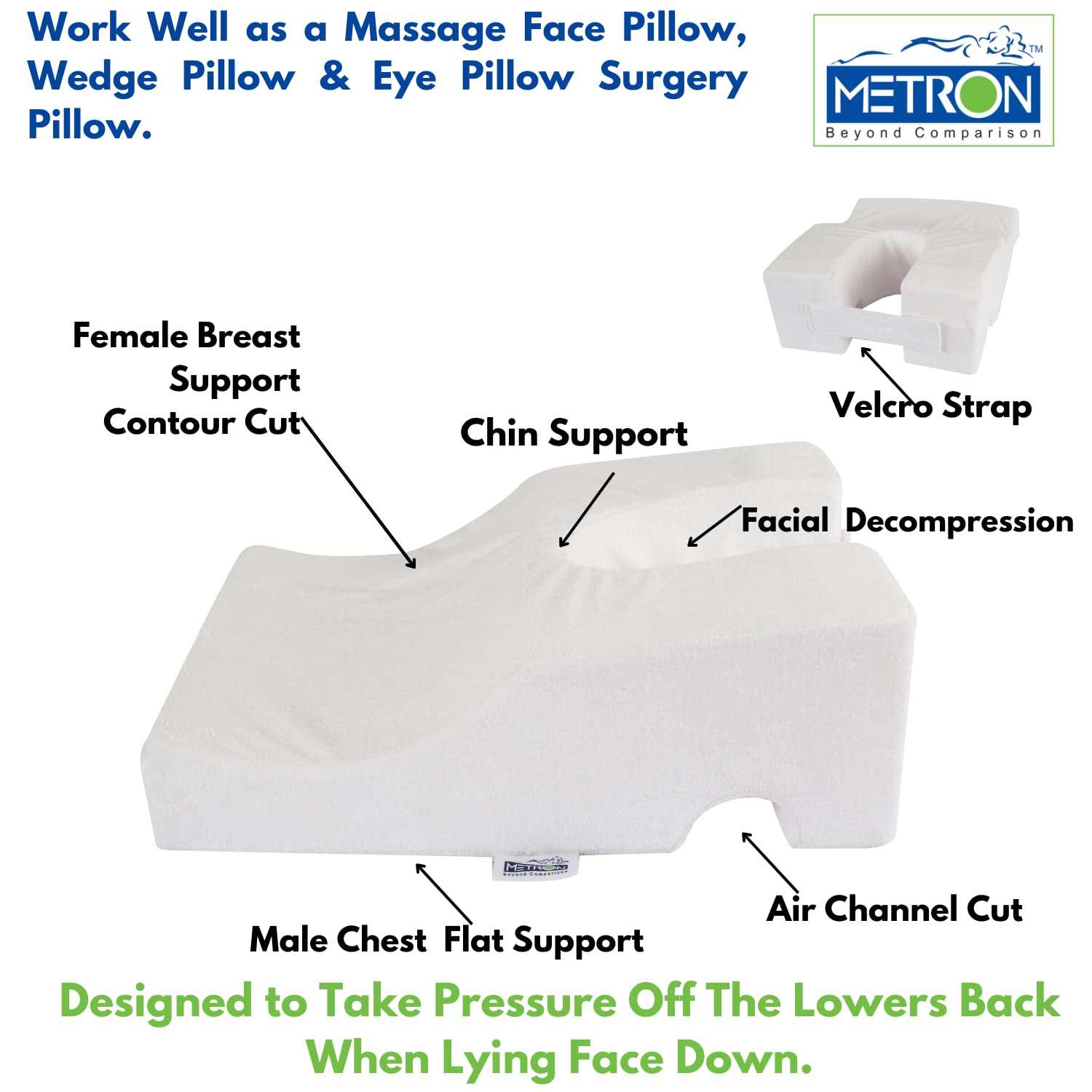 Face Down Pillow For Sleeping, Lying Face Down For Massage Post Surgery, White | Reduce Pressure & Corrects Spine Position | | Flat Side For Men & Cut Designed Side For Women, Washable Pillow