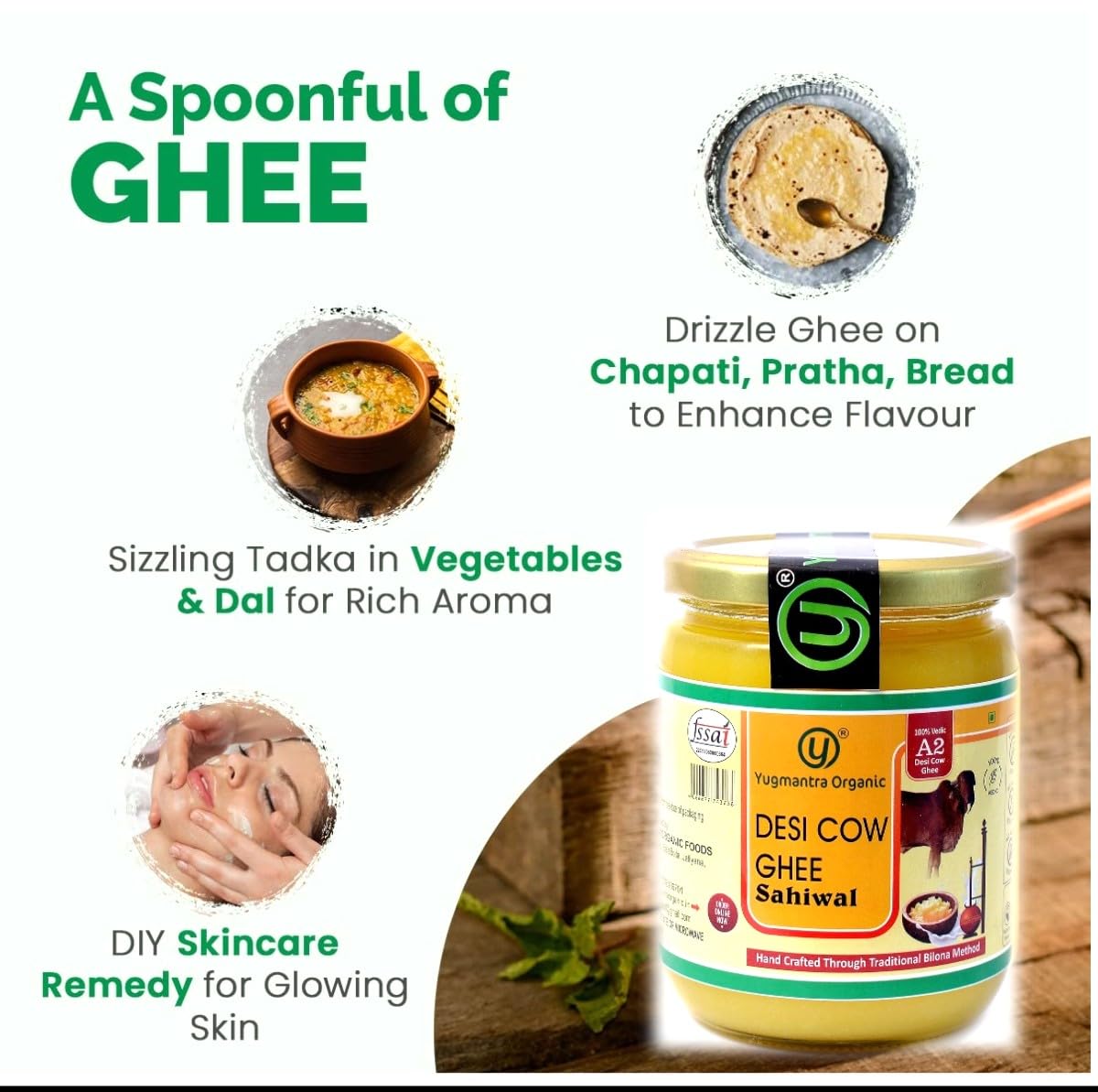 Premium A2 Danedar Desi Sahiwal Cow Ghee By Yugmantra Organic Foods | Rich In Nutrients Healthy & Protein Fiber Desi Ghee Perfect For Weight Management | 1 Liters (500ml * 2) 33.8 Ounce | Jar Pack