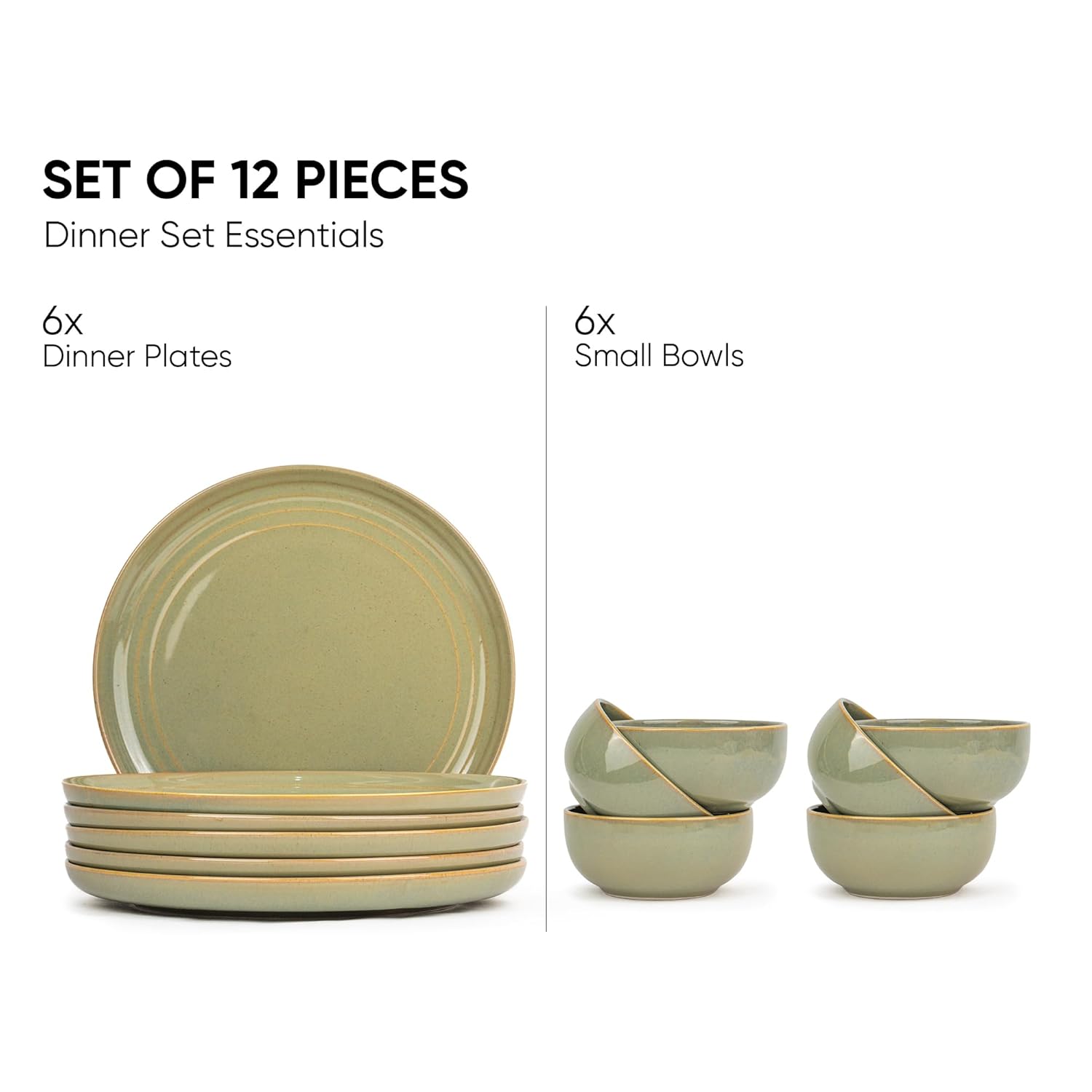 Ceramic Dinner Set Of 12 Pcs, Pistachio Green | Crockery Set For Dining Table - Dining Set Crockery Items | Glossy Finish Premium Stoneware Dinner Set | 6 Dinner Plates+ 6 Veg Small Bowls, 180ml Each