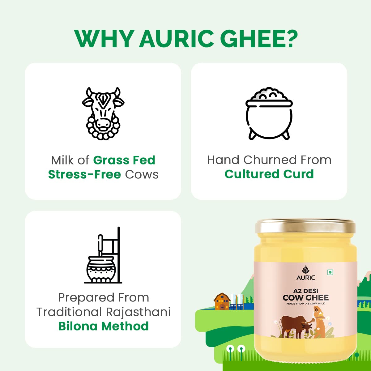 Pure A2 Desi Cow Ghee By Auric | Healthy & Delicious Desi Ghee For Daily Pooja & Daily Kitchen Dishes Good For Laddus | (1 Litr) 33.8 Ounce | Jar Pack