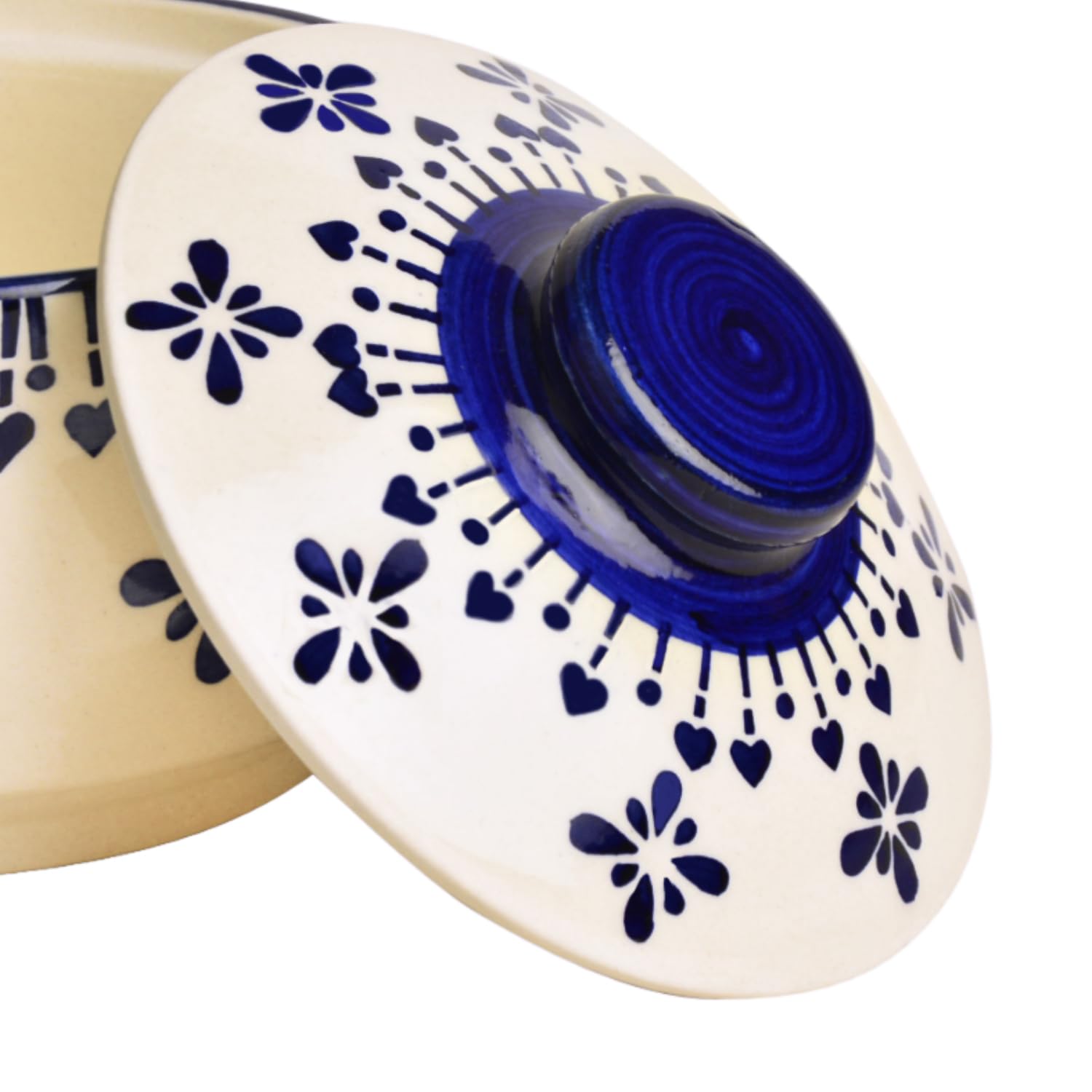 Hand Painted Ceramic Serving Donga With Lid Set Of 3 - Blue & White, 900ml, 500ml & 300ml | Dinner Serving Casserole Set