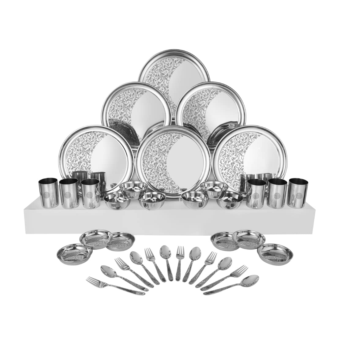 Designer Stainless Steel Shagun Laser Bloom Dinner Set Of 36 Pieces, Silver | 6 Dinner Plate+ 6 Glass+ 6 Bidding Bowl+ 6 Pudding Bowl+ 6 Dinner Spoon+ 6 Dinner Fork