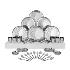 Designer Stainless Steel Shagun Laser Bloom Dinner Set Of 36 Pieces, Silver | 6 Dinner Plate+ 6 Glass+ 6 Bidding Bowl+ 6 Pudding Bowl+ 6 Dinner Spoon+ 6 Dinner Fork