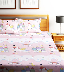 Microfiber Kids Unicorn Elastic Fitted Double Bedsheet With 2 Pillow Covers | 90 X 90 Inches, Baby Pink | Normal Hand Wash Or Machine Wash