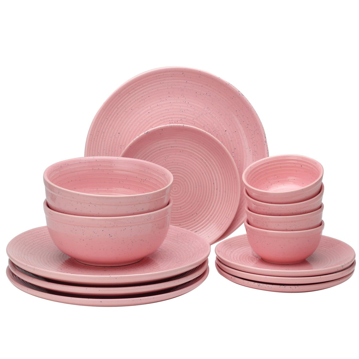 Handcrafted Ceramic Stoneware Dinner Set Of 14 Pieces With Serving Bowl Set - Blush Pink | 4 Dinner Plates + 4 Small Plates + 4 Dinner Bowl, 180ml Each+ 2 Serving Bowl, 1000ml Each - Microwave Safe