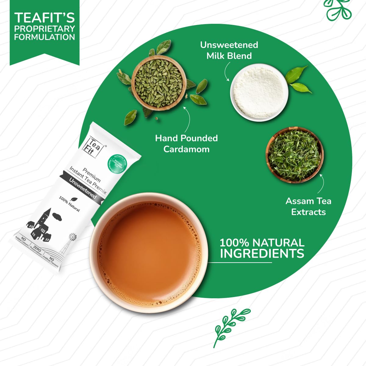 Teafit Unsweetened Instant Cardamom Tea Premix - Pack Of 100 Sachets, 1.4 Kg, 49.3 Ounce | Premium Milk Tea Premix, Just Add Water - Strong Home Like Elaichi Chai | Medium Caffeine