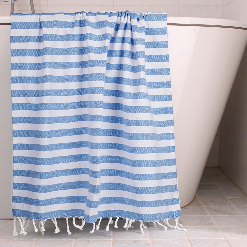 Homadorn 100% Cotton Striped Fouta Bath Towels 350 Gsm | Soft Quick Dry & Absorbent Hand-Knotted Tassels | Turkish Hamam Towel (Blue- White)