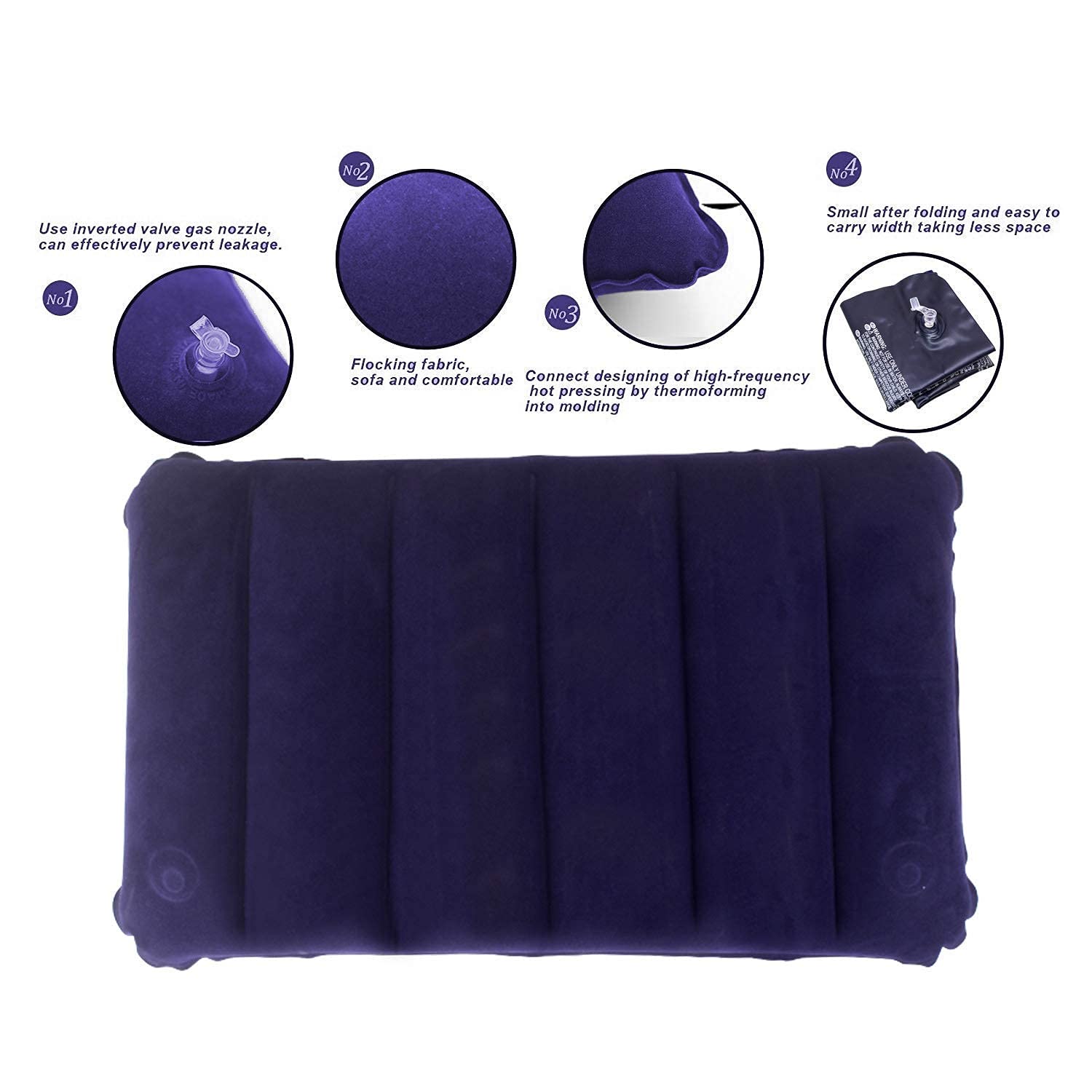 Air Pillow - Blue Soft Velvet Air Inflatable Neck Cushion For Travel, Car, Camping Pillow | Adjustable Foam Support, Portable Lightweight Comfort Rest, Tourist, Sleeping Support - Pack Of 2
