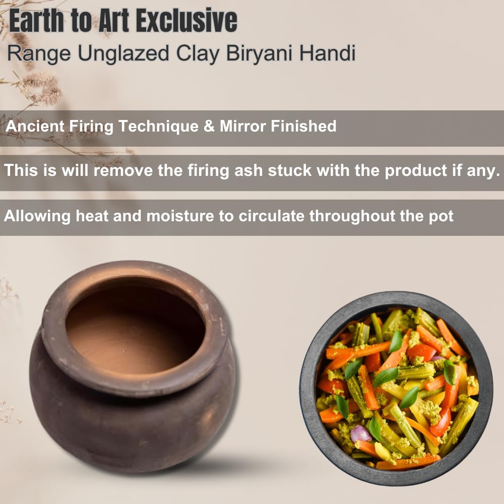 Aarawali Black Handi Exclusive Range Unglazed Clay Biryani Handi, 2.5 Liters | Earthen Pot For Cooking With Natural Firing Shade & Mirror Shine