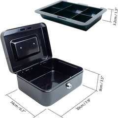 8 Inch Petty Cash Box With Combination Number Lock & Removable 5 Section Coin Tray Perfect Secure Storage For Loose Change, Colour - Black
