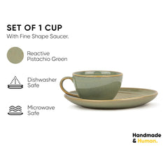 Ceramic Coffee Cup Saucer Set - Pista Green, 250ml | Ceramic Mug With Glossy Finish | Mug For Coffee - Ceramic Coffee Mug | 1 Cup + 1 Saucer - Microwave Safe