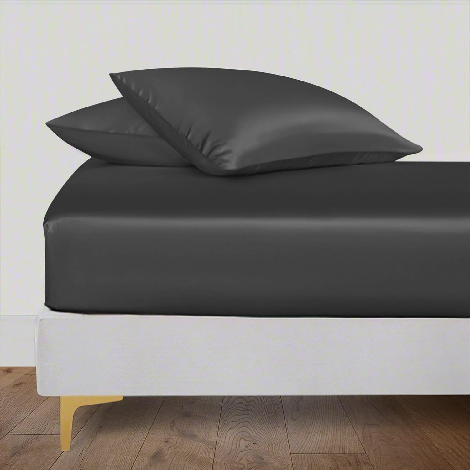 Plain Elastic Fitted King Size Bedsheet With 2 Pillow Cover - 108 X 108 Inches, Charcoal Grey | 400 Thread Count Silky Soft | Naturally Soft, Breathable, & Skin-Friendly