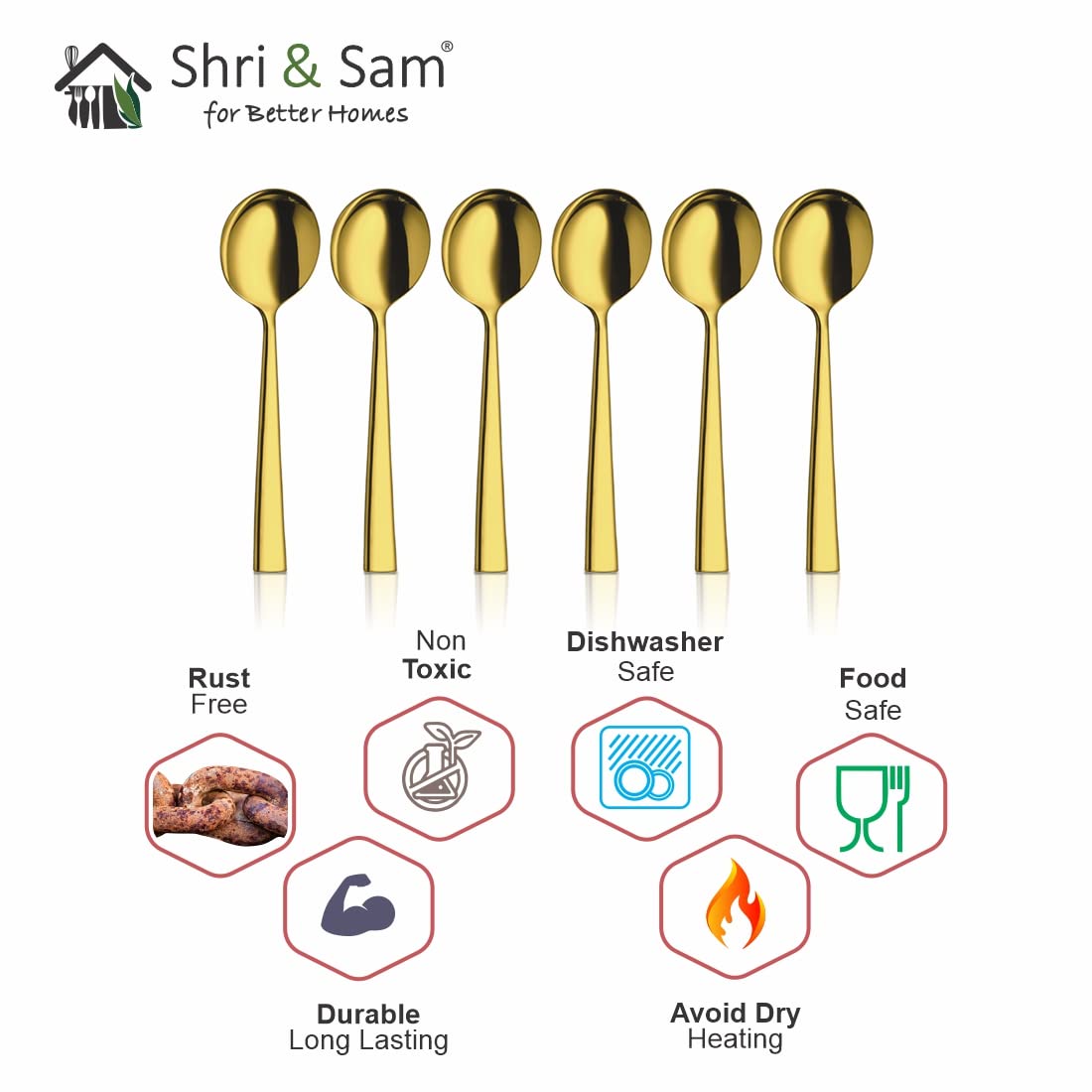 Stainless Steel Lotus Plain Gold PVD Coating Desert Soup Spoon Set Of 6 Pieces | Easy To Clean & Dishwasher Safe