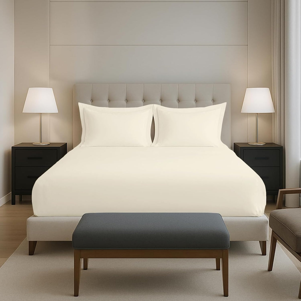 Plain Cotton Elastic Fitted Bedsheets Queen Size Two Pillow Cover - 63 X 78 Inches, Ivory | Breathable & Smooth Bedding Wrinkles | Elegant Hotel Like Look