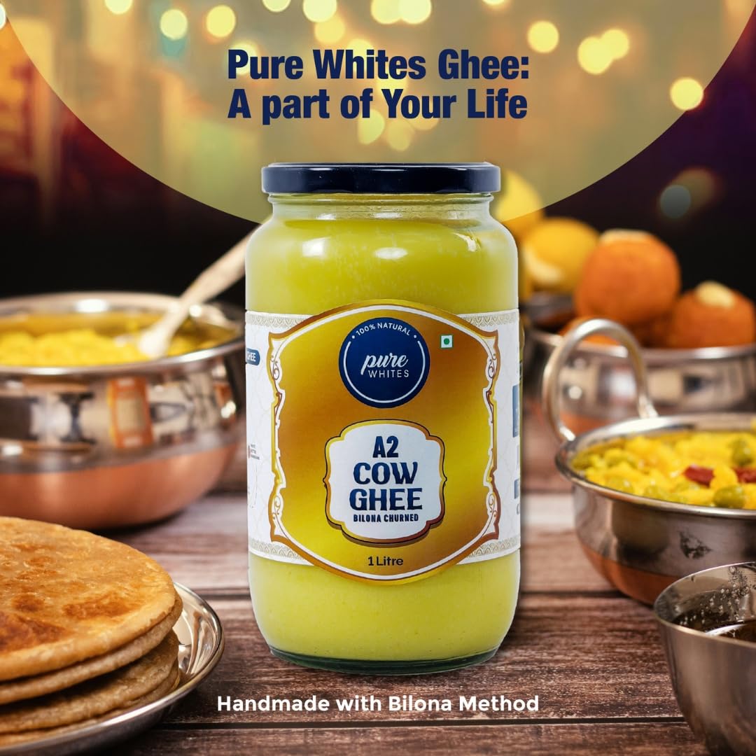 Pure A2 Cow Ghee By Pure Whites | Homemade Organic & Fresh Ghee Prepared Using Traditional Vedic Bilona Method | (1 Litr) 33.8 Ounce | Jar Pack