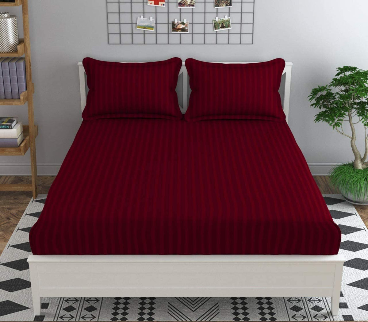 Striped Double Bedsheet With 2 Pillow Cover - 72 X 78 X 6 Inches, Maroon | All Around Elastic Fitted Bedsheet | Super Soft Polycotton With 200 Thread Count