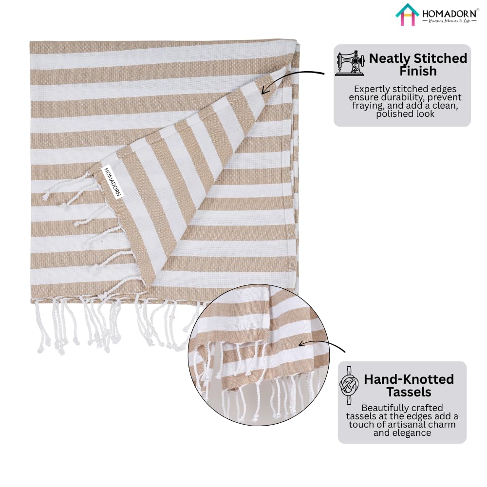 Homadorn 100% Cotton Striped Fouta Bath Towels 350 Gsm | Soft Quick Dry & Absorbent Hand-Knotted Tassels | Turkish Hamam Towel (Beige - White)