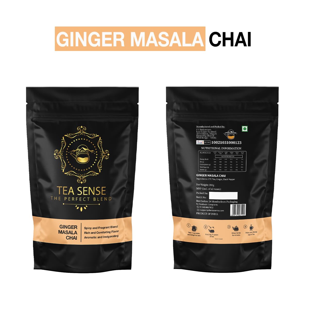 Tea Sense Ginger Masala Chai - 200gm, 7.05 Ounce | Assam CTC, Dried Ginger, Black Pepper - Aromatic & Strong Flavor Chai Patti, High Caffeine | Spicy & Healthy Blend