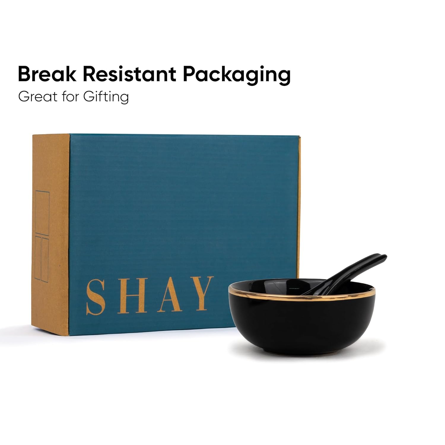 Ceramic Soup Bowl Set With Spoons - 300ml Each, Black Gold | 6 Pieces Soup Bowls + 6 Spoons | Glossy Finish - Premium Stoneware Ceramic Soup Bowls With Spoons | Soup Bowl Set Of 6