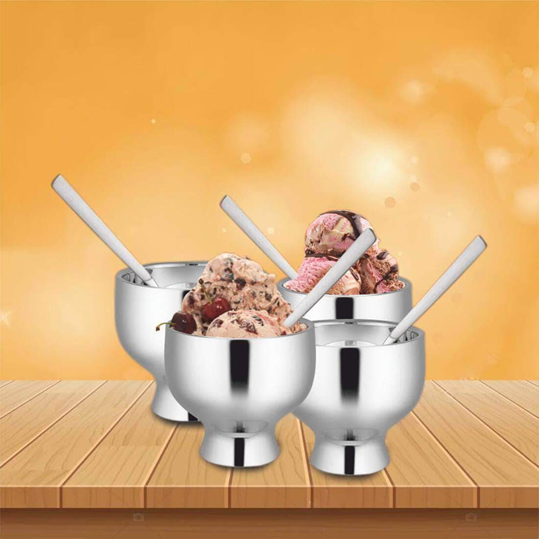 High Grade Stainless Steel Solid Ice Cream Set Of 4 Pcs - Forte, Silver | Ice Cream Container With Spoon