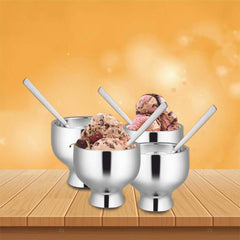 High Grade Stainless Steel Solid Ice Cream Set Of 4 Pcs - Forte, Silver | Ice Cream Container With Spoon