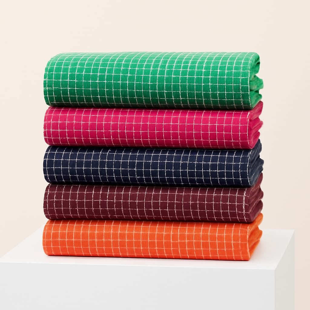 Checkered Cotton Bath Towels 1600 Gsm (Green, Pink, Navy, Burgundy & Orange) - Set Of 5