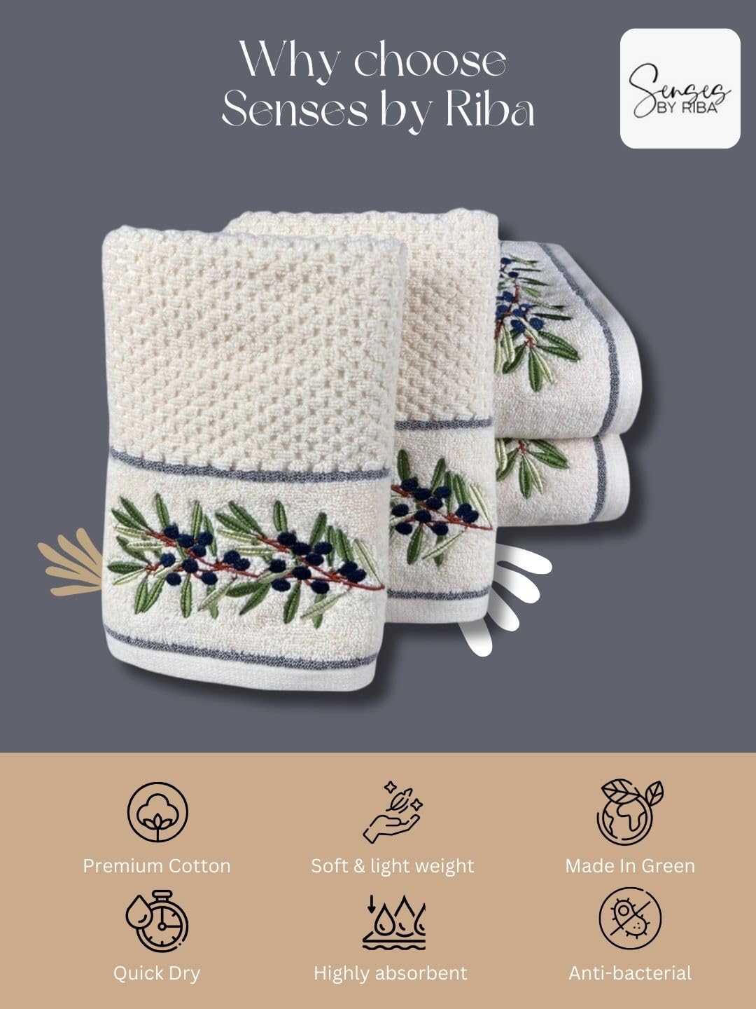 Senses By Riba All Cotton 550 Gsm Embroidered Bath Towel Set - Pack Of 4 (Style 17)