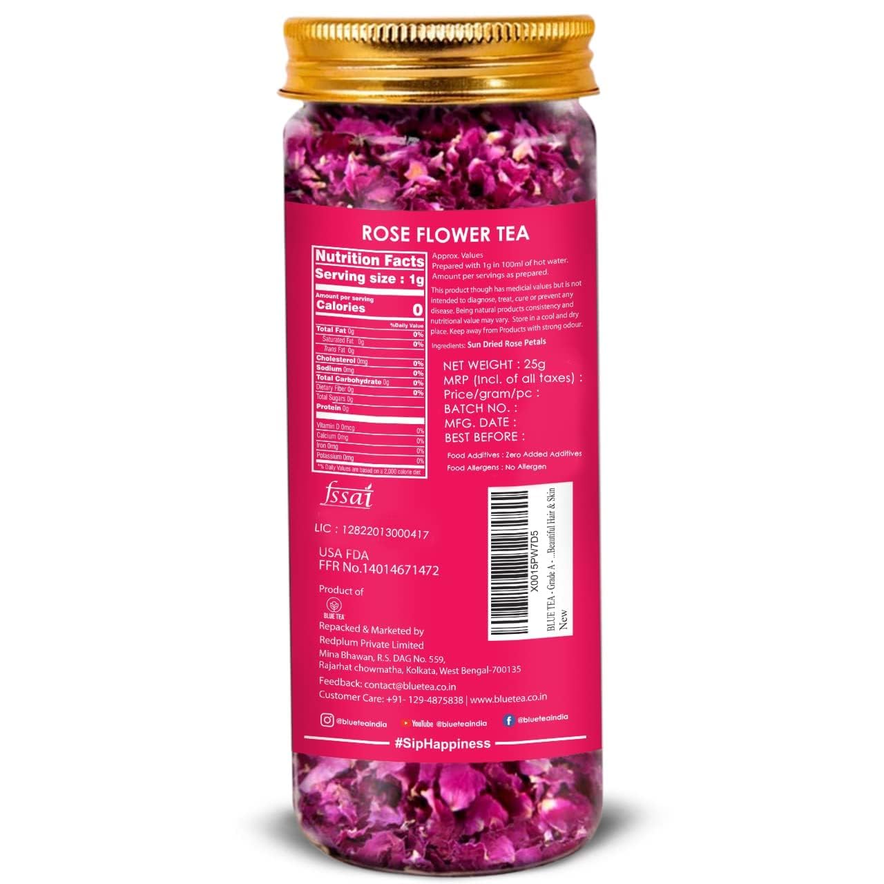 Blue Tea Caffeine Free Rose Flower Herbal Tea - 25gm Pet Jar, 0.8 Ounce, 25 Cups | Non-GMO, Flower Based Super Antioxidant Tea - Vitamin-C Rich For Beautiful Hair & Skin