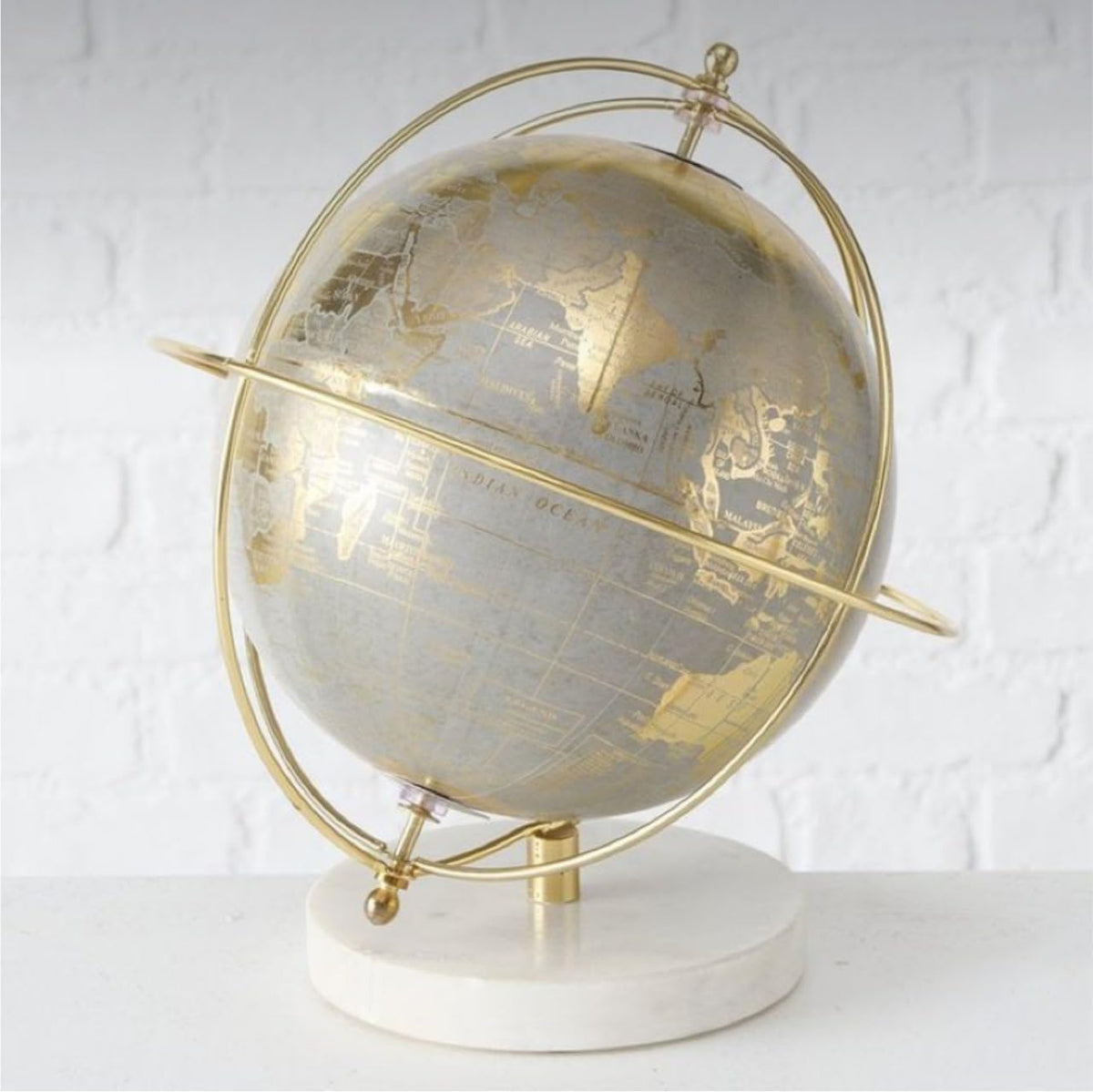 Double Grey & Gold World Globe 8 Inch With Double Ring Marble Stand For Home Decor, Office Table, Showpiece, Decoration, For Students Learning, Pack Of 1