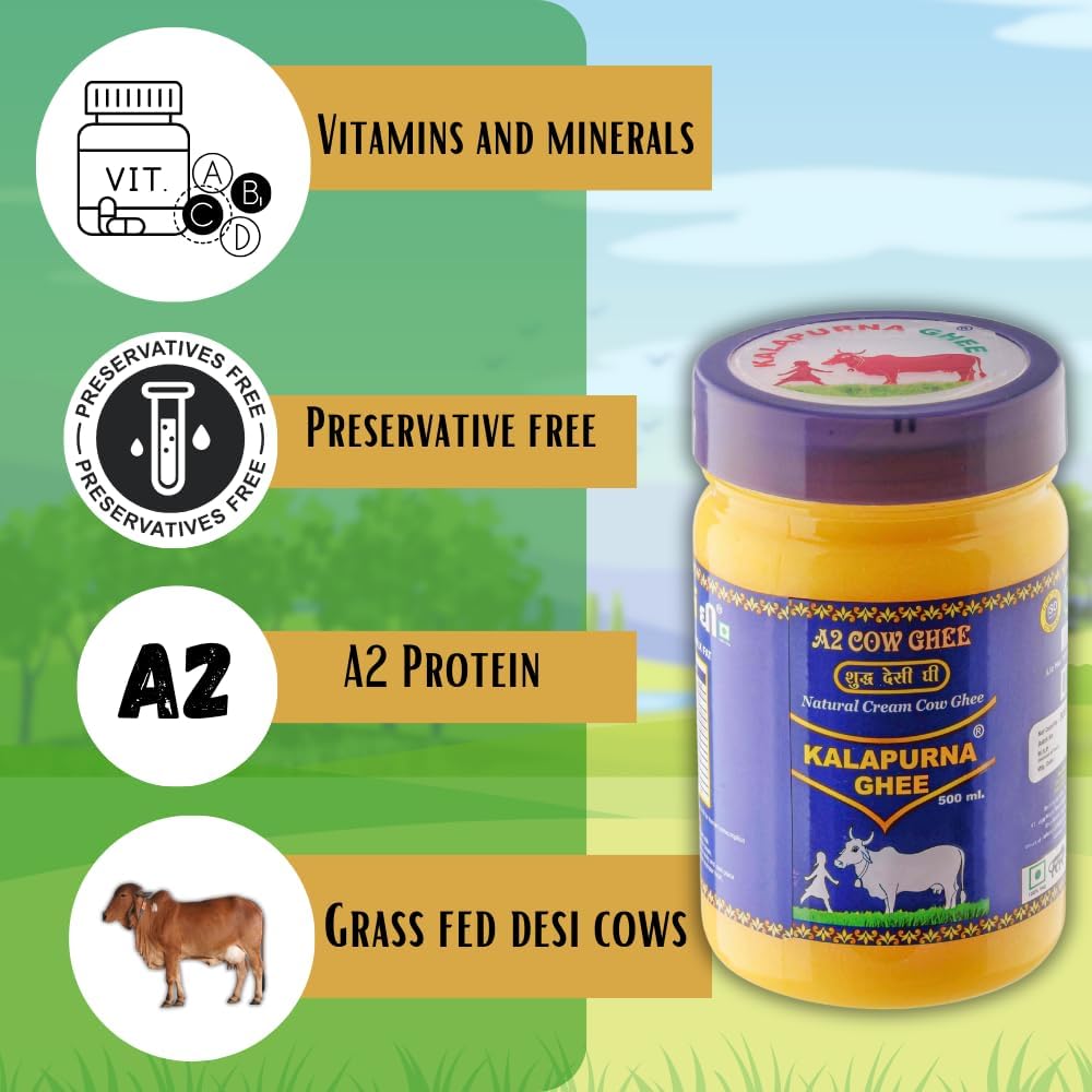 Pure A2 Desi Cow Ghee By Kalapurna Ghee | Delicious & Nutritious Healthy Desi Cow Ghee For Glowing Skin | (500ml) 16.9 Ounce | Jar Pack