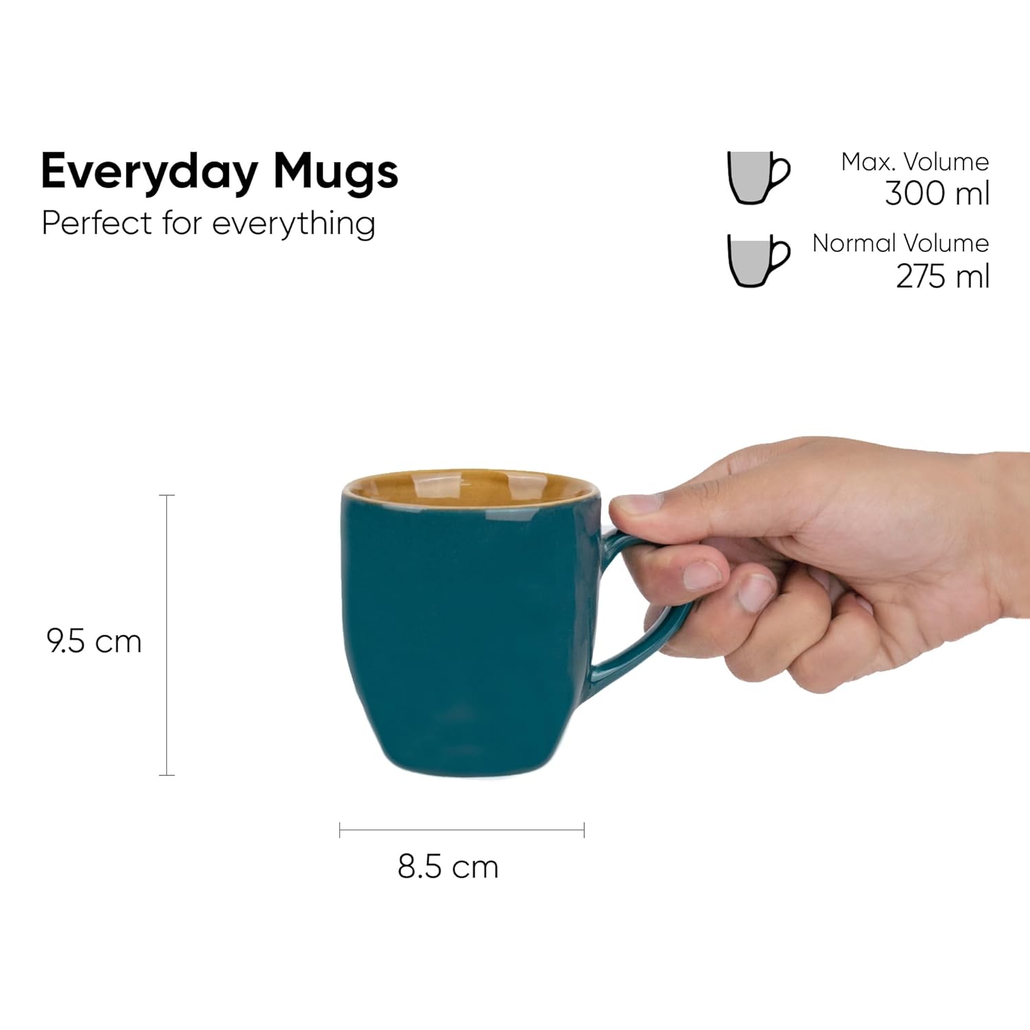 Ceramic Coffee Mug Set Of 2 - 300ml Each, Teal Green | Medium Mug With Glossy Finish - Stoneware Coffee Cup Set | Ceramic Cup - Microwave Safe