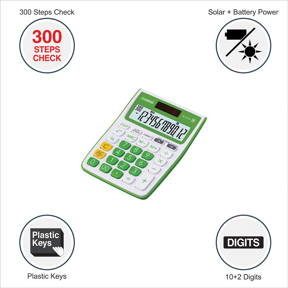 Casio Mj-12vcb-gn 300 Steps Check & Correct Colourful Desktop Calculator (Green) | 12 Digits, 2-way Powered - Show Numbers In Million & Billion Also