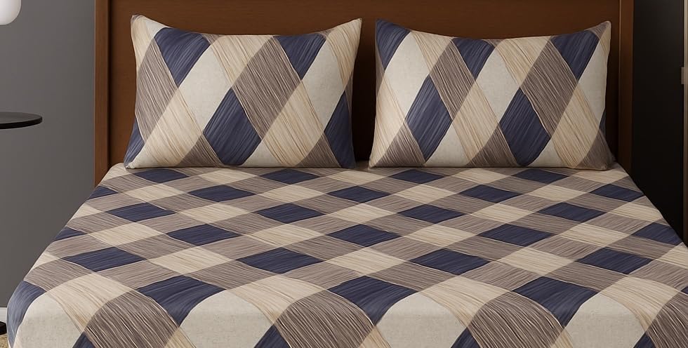 1 Bedsheet For Double Bed With 2 Pillow Covers - 90 X 100 Inches, Beige & Grey | Premium Cotton Material Double Bedsheet Queen Size | Skin Friendly & Long Lasting