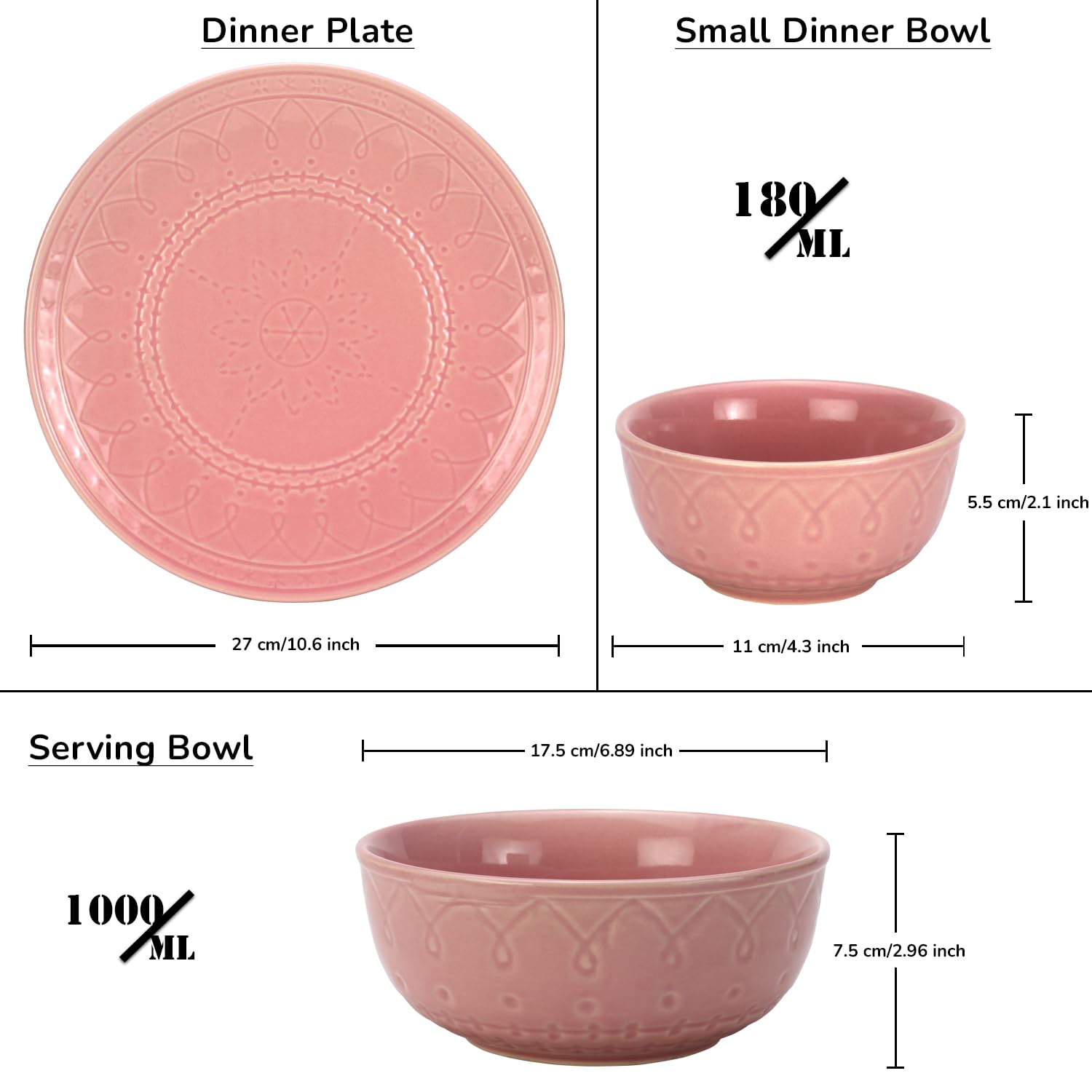 Handcrafted Ceramic Dinner Set Of 10 Pcs With Serving Bowls Set - Light Pink | 4 Dinner Plates + 4 Small Dinner Bowl, 180ml Each + 2 Serving Bowl, 1000ml Each | Dishwasher Safe - Serving For 4