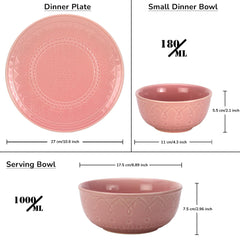 Handcrafted Stoneware Embossed Ceramic Dinner Set Of 20 Pcs With Serving Bowls Set - Light Pink | 6 Dinner Plates+ 12 Small Dinner Bowls, 180ml Each+ 2 Serving Bowl, 1000ml Each | Serving For 6